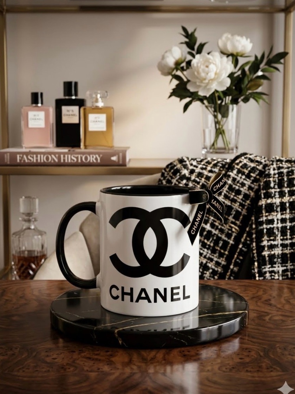 CHANEL Black & White Logo Ceramic Coffee Mug